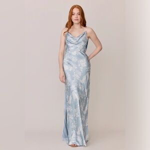 Blue floral satin bridesmaids dress